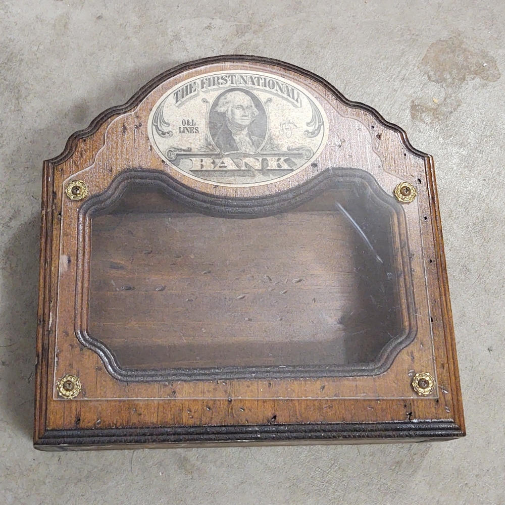 PRIMITIVE PINEWOOD LARGE MONEY BOX THE FIRT NATIONAL BANK O & L LINES 1980
